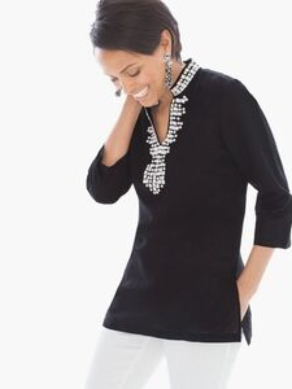Chico's Black Embellished Linen Blend Blouse
